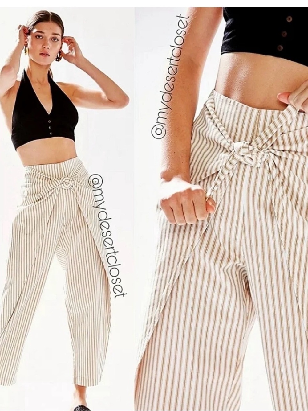 silence + noise Cream and Tan Striped Tie-Waist Wide Leg Pants